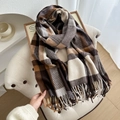 Thick oversized plaid scarf in dark brown and caramel tones with fringe details - Brown Coffee