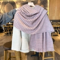 Pink and grey checkered cashmere knit scarf with fringe detail for women - Pinkish Grey