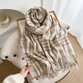 Beige plaid scarf with long tassels made of thick knit fabric for winter warmth - Khaki