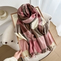 Pink and brown checkered oversized soft scarf with tassel fringe for autumn winter - Light Red