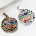 Rotating crescent moon necklace with colorful natural crystal chakra stones in bronze and silver - Random Style