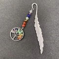 Silver feather bookmark with colorful chakra beads and life tree wire wrapped pendant - Rainbow