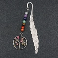 Silver feather metal bookmark featuring 7 chakra beads and Tree of Life charm pendant - Tourmaline