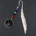 Silver feather bookmark with colorful Seven Chakra beads and Tree of Life charm pendant - Obsidian
