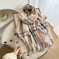 Beige and pink plaid cashmere scarf with fringes, elegant British style warm shawl - Light Khaki