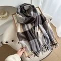 Classic checkered shawl scarf with brown and grey tassels in a soft warm fabric - Purple Brown Grid