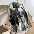 Classic black and grey checkered shawl scarf with soft fringe and minimalist design - Grey Black Plaid