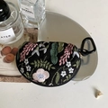 Black semi-circle earphone pouch with floral embroidery and a metal carabiner - Black Flowers