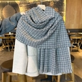 Classic black and white checkered cashmere-style scarf with long fringes for winter - Black and White