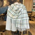Herbst-Winter Schal für Damen mit Karomuster und Fransen in Grasgrün, Gelb und Blaue Gitter - 65cmx180cm / Hellbraun Blau
