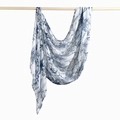 Ethnic rayon floral headscarf in blue and white toile de jouy print hanging on wood - 180cm x 70cm / White with Blue European Architecture Floral (YW498-1#)