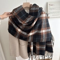 Vintage plaid winter scarf in dark brown and beige with fringe, worn on beige coat - 180cmx65cm / Black
