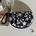 Dark blue canvas earphone pouch with white floral embroidery and metal carabiner - Deep Blue Floral