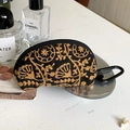 Ethnic style black coin purse with gold embroidery and functional carabiner hook - Wheel Flower