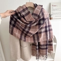Pink and purple plaid winter scarf with long tassels paired with a beige wool coat - 180cmx65cm / Pink
