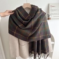 Winter vintage checkered scarf in dark green and purple plaid with fringe detail - 180cmx65cm / Dark Red