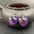Handmade silver hook earrings with heart-shaped purple amethyst stone dangles - Amethyst