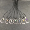 Set of 7 hollow crescent moon necklaces with natural raw crystal stone pendants - Random
