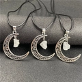 Three moon crescent pendants with raw white crystal stones and black cord necklaces - White Crystal