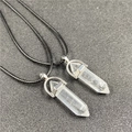 Set of two clear hexagonal crystal bullet pendants with black cord necklaces - White Crystal