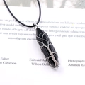 Tree of Life wire wrapped black hexagonal crystal pendant on cord necklace - Silver Wire Wrapped / Black Agate