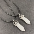 Set of two hexagonal white crystal point necklaces with silver metal clips and black cord - White Jade