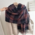 Thick vintage checkered scarf in purple and brown with fringe hanging on coat - 180cmx65cm / Berry Pink