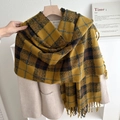 Winter plaid scarf with ginger yellow and coffee checks and handcrafted tassels - 180cmx65cm / Turmeric
