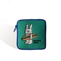 Mini green canvas organizer pouch featuring a white rabbit surfing embroidery and blue trim - Green