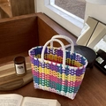 Handmade woven basket bag featuring purple, yellow, and green checkered color blocking - Colorblock White