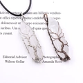 Handmade wire-wrapped tree of life pendant on natural white crystal quartz with cord - White Crystal