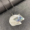 Cat pendant necklace crafted from white mother of pearl and rainbow abalone shell - Curled Pearl White Cat (Cat Style 4)