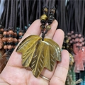Collar tejido a mano con colgante de hoja de arce en piedra ojo de tigre natural puro - Ojo de Tigre Natural
