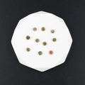 Flat disc-shaped natural green and red unakite stone spacer beads on a white tray - 10 Pieces Pack / Multicolor