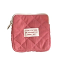 Pink corduroy mini makeup bag with diamond quilting and zipper closure for cosmetics - Pink