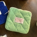 Quilted corduroy mini makeup bags in green and blue with zipper and slogan label - Grass Green