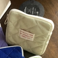 Quilted corduroy mini makeup bag in beige with red text patch and zipper pull - Matcha Green