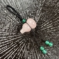 Pink quartz gourd pendant with green beads on black woven cord for bags and keys - Rose Quartz