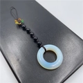 Opal stone ring pendant with black beads and rainbow woven knot bag accessory - Synthetic Opal