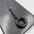 Handmade black agate circle pendant with colorful braided knot and beads keychain - Black Agate