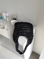 Close-up of minimalist black cotton rope woven handbag with hollow square grid pattern - Black (With Inner Bag)
