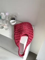 Detail of hand-woven magenta hollow knit tote bag showing intricate cotton rope texture - Rose Red (Inner Bag Included)