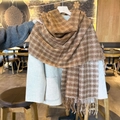 Winter plaid scarf in warm brown and cream white tones with tassel trim details - Khaki & Dark Coffee Plaid