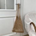Handmade crochet bohemian beach bag in beige khaki finish with woven handles - Khaki (With Inner Pouch)