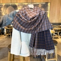 Long plaid scarf with blue and brown checkered pattern featuring fringe tassels for winter - Purple & Navy Plaid