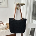 Handgefertigte schwarze gewebte Tasche aus Baumwolle mit braunen Ledergriffen - Großer Reißverschluss-Stil / Schwarz