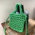 Handmade green woven crossbody bag with hollow honeycomb mesh and round handles - Dark Green