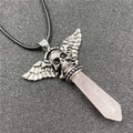 Collana punk gotica con teschio alato argento e pendente in quarzo di cristallo rosa - Quarzo rosa