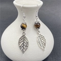 Silver leaf earrings with cat-eye tiger stone bead in vintage bohemian style - Tiger's Eye