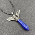 Gothic punk necklace with silver skull wings and a blue hexagonal stone pendant - Lapis Lazuli